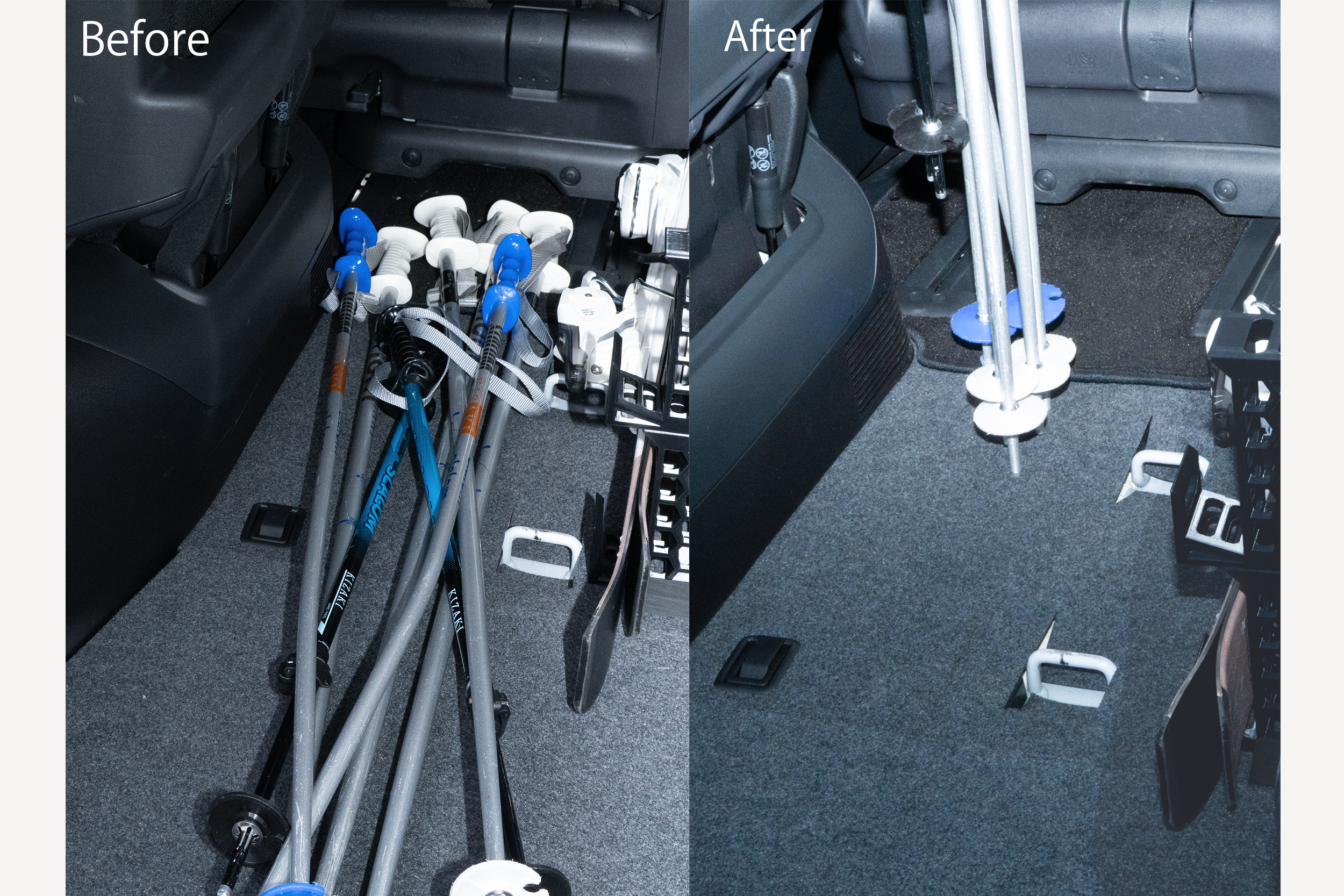 車内で床置きしていたスキーストックを ヘッドレストに取り付けて縦に収納するホルダー